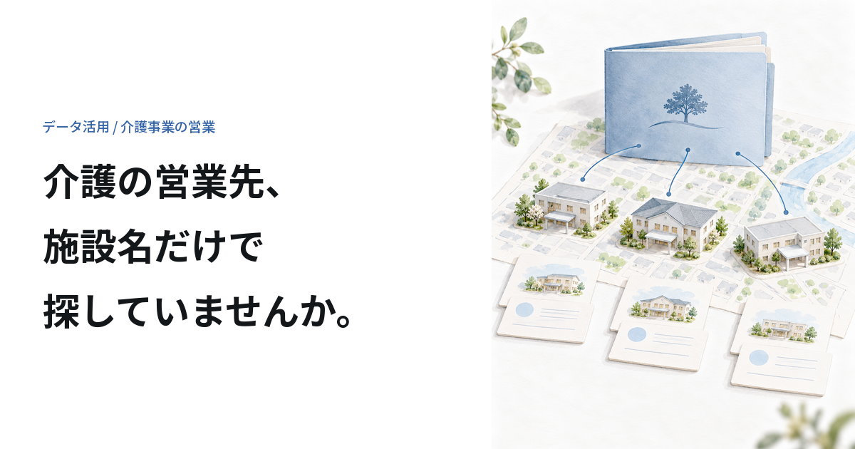 地域の地図に置いた三つの介護事業所と、それらを束ねる運営法人の青いフォルダー。
