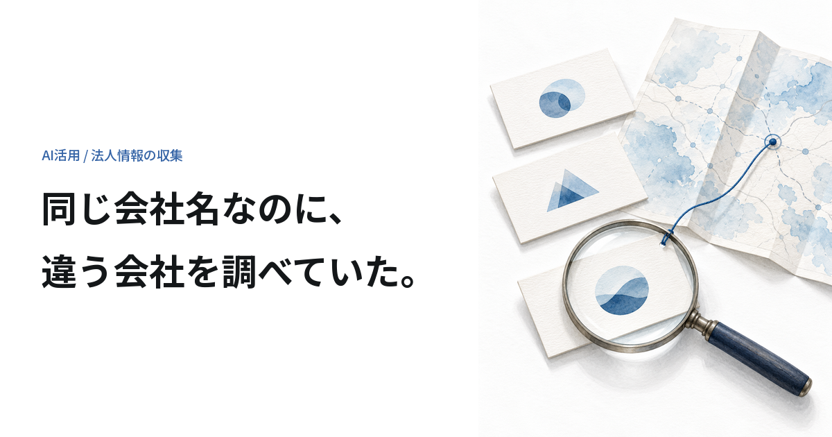 似た会社名を表す三枚のカードを、所在地の地図と虫眼鏡で照合するイラスト。