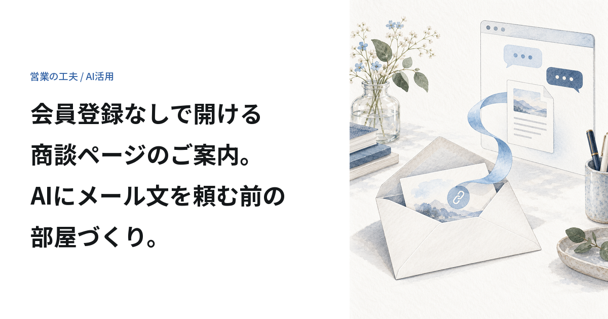 メールの封筒から青いリボンが延び、会話と資料のある画面につながるイラスト。