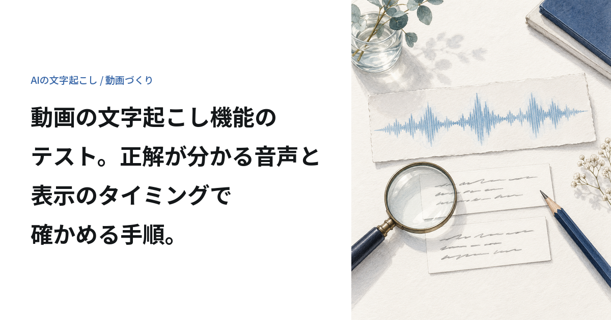 音声の波形と字幕のカードを、虫眼鏡と鉛筆で照らし合わせるイラスト。